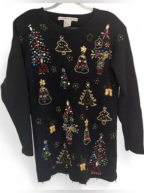 Victoria Jones Christmas crewneck sweater w beaded & embroidered embellishments